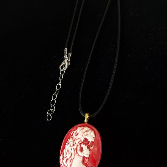Handmade Ceramic Red Skull Cameo Pendant Necklace - Picture 6 of 14